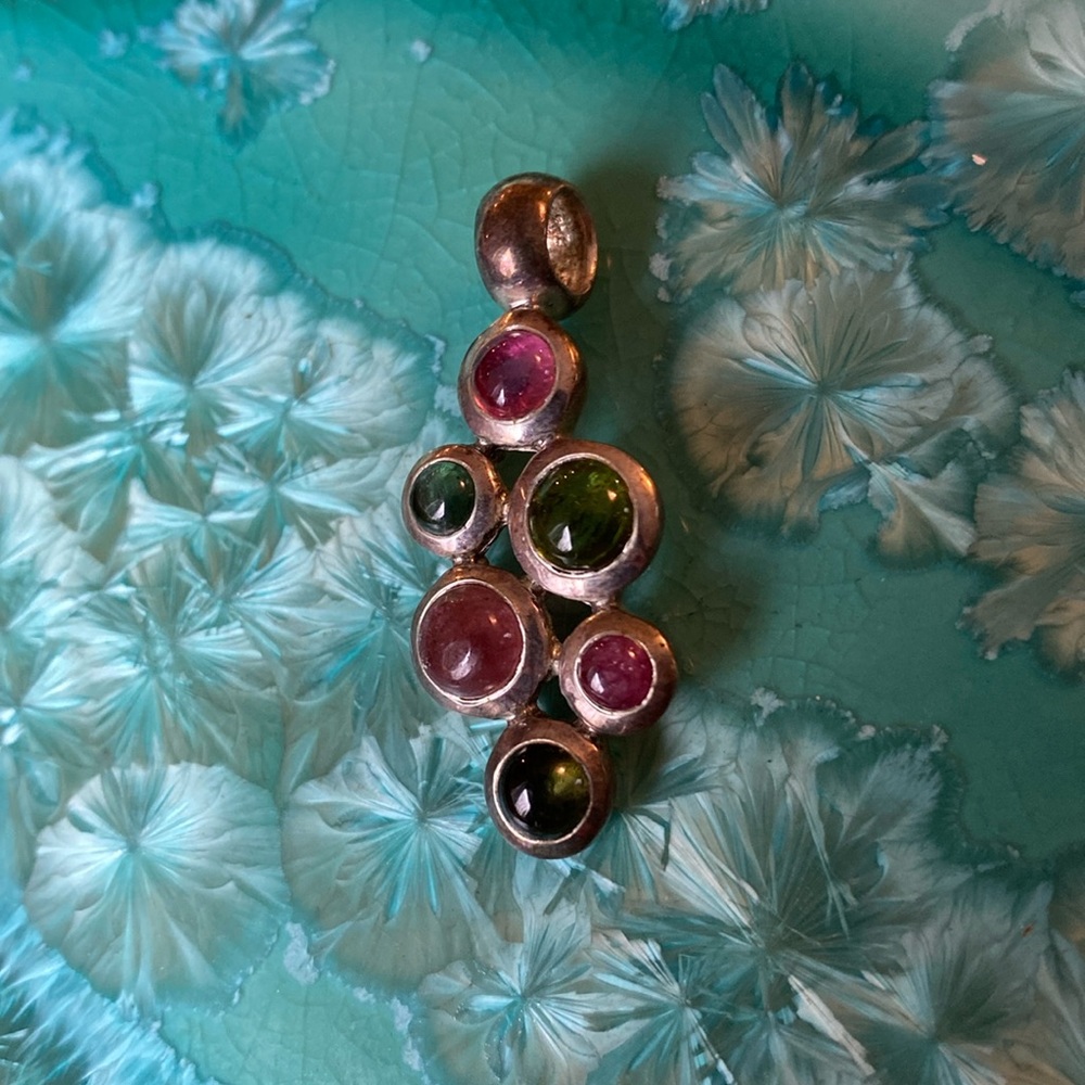 925 Sterling Silver and Possibly Tourmaline ? Pendant Green Pink